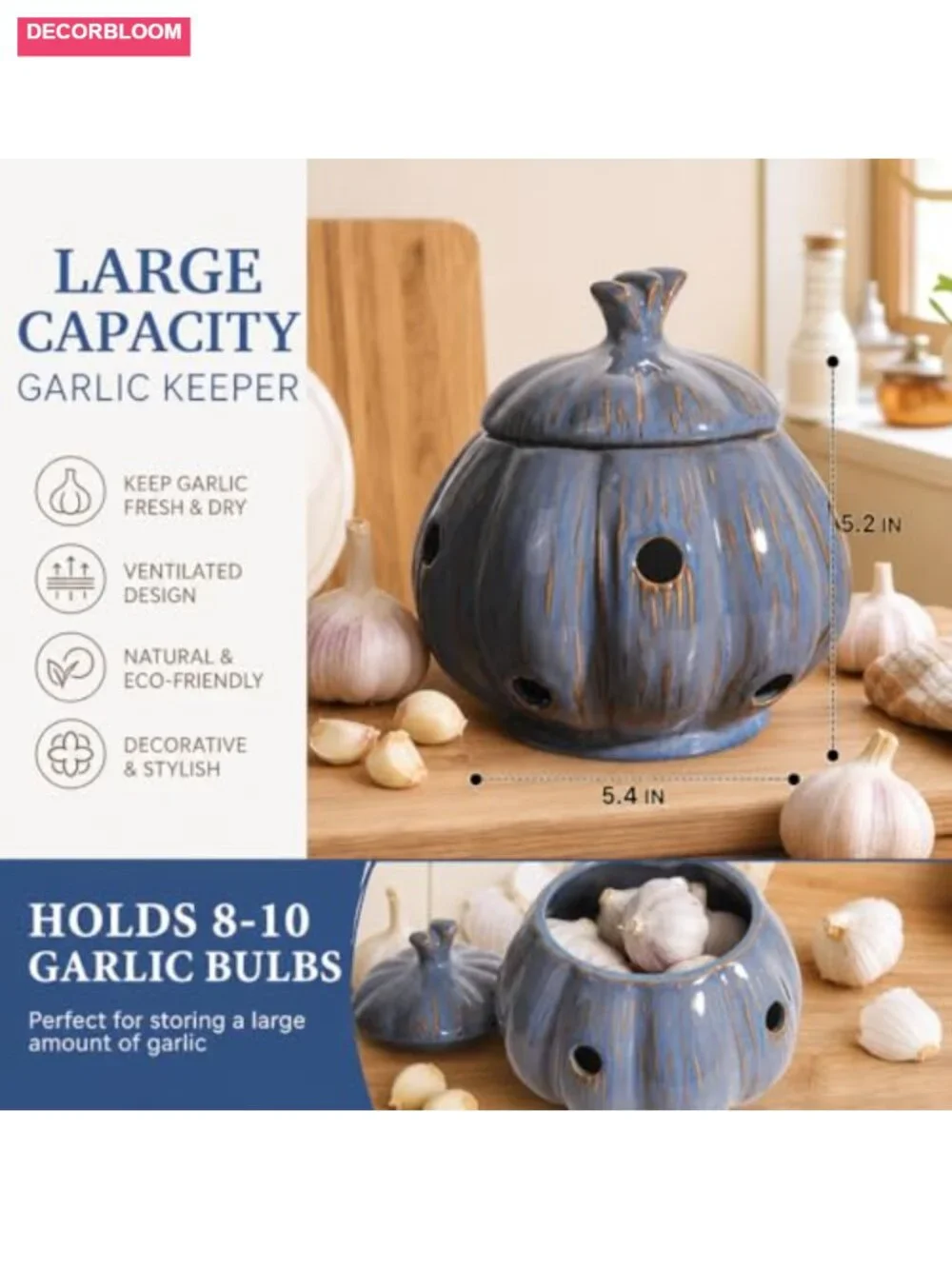 Ceramic Garlic Keeper Storage Jar with Lid, Large Kitchen Countertop Canister